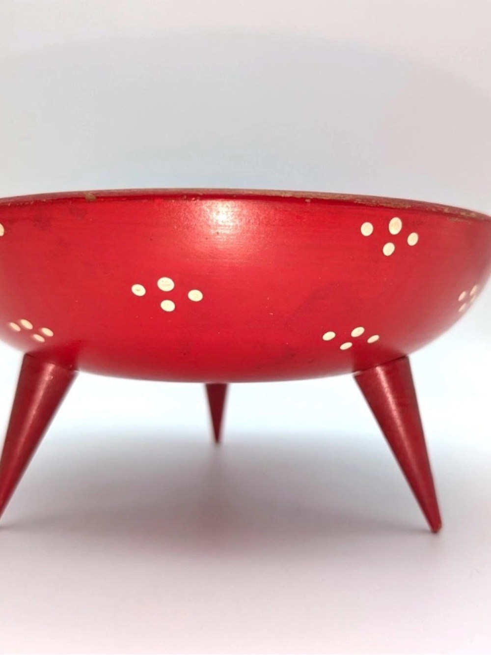 Mid-Century Modern 50's -3 Legged Red Trinket Bowl Dish -Woodpecker Wood Ware